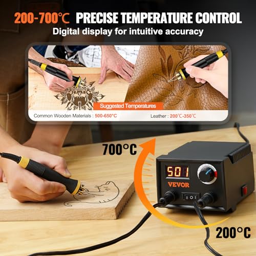 VEVOR Wood Burning Kit, 200~700°C Adjustable Temperature with Display, Dual Output Port with 2 Pyrography Pens, 23 Wire Nibs, 1 Pen Holder, 4 Wood VEVOR