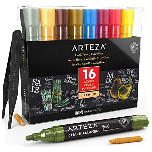 ARTEZA Pastel Liquid Chalk Markers, Set of 16 with 16 Replaceable Chisel Tips, Tweezers, Labels, Stencils - Erasable, Water-Based Pens Ideal for ARTEZA