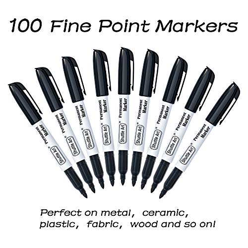Shuttle Art Permanent Markers, 100 Pack Black Permanent Marker set,Fine Point, Works on Plastic,Wood,Stone,Metal and Glass for Doodling, Marking Shuttle Art