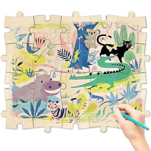 50 Piece Blank Wooden Puzzle Jumbo Size, Each Piece is 4x3.2 Inches to Draw on, Unfinished Freeform Large Jigsaw Puzzle Pieces for Arts & Crafts, MoinKidz