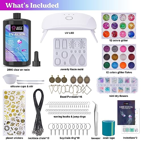 LET'S RESIN UV Resin Kit with Light,153Pcs Resin Jewelry Making Kit with Highly Clear UV Resin, Upgraded UV Lamp, Resin Accessories, Epoxy Resin LET'S RESIN