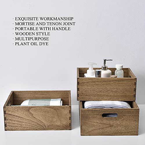 KIRIGEN Nesting Wooden Crates with Portable Handles for Home Organizer - Wood Rustic Decor Farmhouse Boxes/Basket Rolling Trays set of 3 Dark Brown KIRIGEN