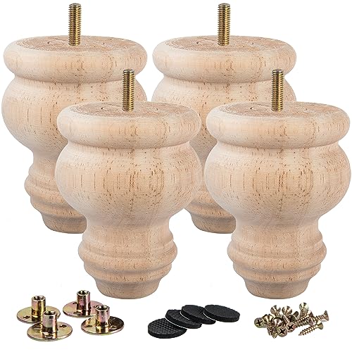 La Vane 3 inch / 8cm Unfinished Wooden Furniture Legs, 4PCS Soild Wood Turned Spindle Replacement Bun Feet with Pre-Drilled M8 Inch Bolt & Mounting La Vane