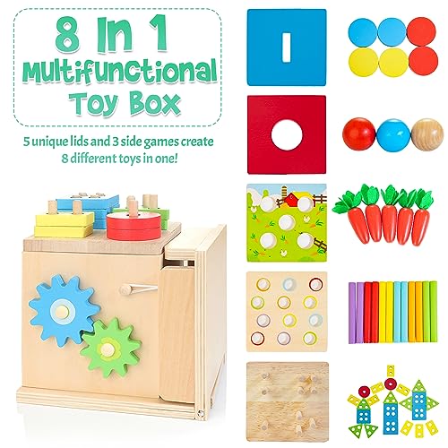 Kizfarm Wooden Montessori Baby Toys, 8-in-1 Wooden Play Kit Includes Object Permanent Box, Coin Box, Carrot Harvest, Shape Sorting & Stacking - Kizfarm
