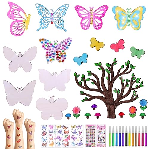 57 PCS Butterfly Unfinished Wooden, Butterfly Cutout for Crafts Blank Wood Butterfly Shaped Slices Kits with Decorate Tools for Kids Adult Home BAPHILE