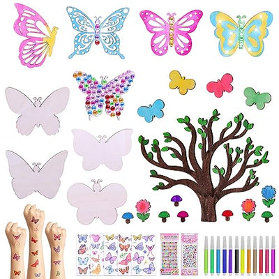57 PCS Butterfly Unfinished Wooden, Butterfly Cutout for Crafts Blank Wood Butterfly Shaped Slices Kits with Decorate Tools for Kids Adult Home