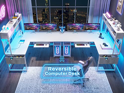 SEDETA White L Shaped Gaming Desk, Reversible Corner Desk with Power Outlet and Pegboard, L Shaped Desk with Hutch, Storage Shelf, Keyboard Tray, and SEDETA