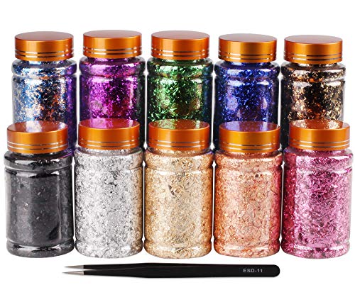 Gold Foil Flakes for Resin, Yibeishu10 Colors Metallic Foil Flakes,Gilding Flakes for Nails, Crafts (Gold, Silver, Copper, Black, Green, Blue, Blue Yibeishu
