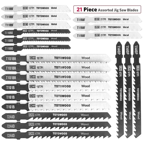 TOTOWOOD 21pcs Jig Saw Blades,Multi-Purpose T-Shank Jig Saw Blades,Assorted Jig Saw Kit Value Pack for Wood, Plastic and Metal Cutting with Carry Totowood