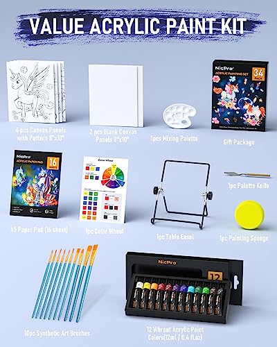 Nicpro 34PCS Kids Acrylic Paint Set with Pattern Canvas, Art Painting Supplies Kit with 12 Paints, 10 Brushes, 6 Canvas Panels, Table Easel, Paper Nicpro