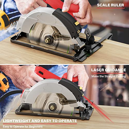 Circular Saw, 1500W Power Circular Saws with Laser Guide, 5500RPM Compact Circular Saw with 3 Saw Blades (24T+ 48T)7-1/4'', 0-45° Bevel Adjustment, Vistreck