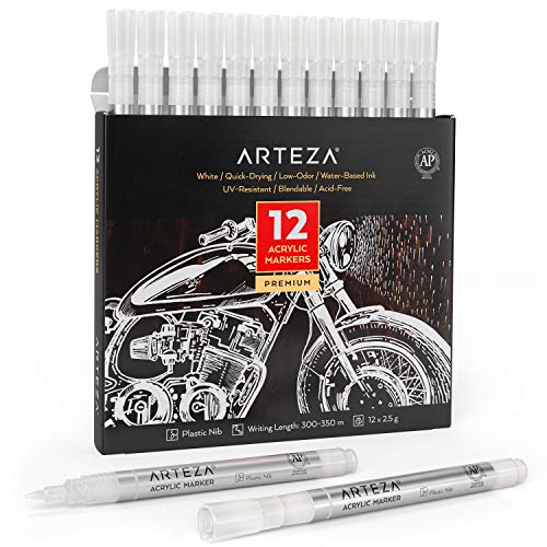 ARTEZA Acrylic Paint Markers, Pack of 12, White, Long-Lasting Acrylic Paint Pens with Plastic Nib, Art Supplies for Painting on Metal, Canvas, Rock, ARTEZA