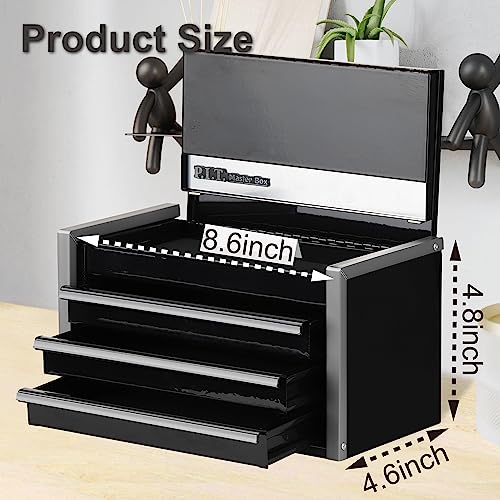 P.I.T. Mini Black Tool Box, Portable 3 Drawer Steel Tool Box with Magnetic Tab Locking, Black Micro Top Chest with Liner for Tools Storage, Home DIY P.I.T.