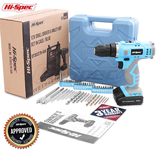 Hi-Spec 50pc 12V Cordless Drill Driver Set Electric Battery Powered - Portable Tool Box and Bit Set for DIY Projects, Home Repair, and Professional Hi-Spec
