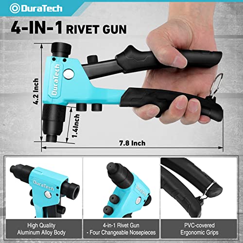 DURATECH 4-in-1 Rivet Gun, Pop Rivet Tool Kit with 100 Rivets - 3/32", 1/8", 5/32", 3/16", Heavy Duty Hand Riveter with 4 Interchangeable Nosepieces DURATECH