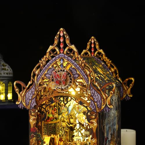 DIY Book Nook Kit Castle Miniature Dollhouse Kit, Magic Castle Bookshelf Insert Decor with Sensor LED Light, Bookend Building Set Hobbies 3D Wooden Hallisun