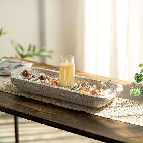 Hanobe Decorative Wood Dough Bowl: Wooden Centerpiece Table Decorations Natural Candle Holder Tray Decor Rustic Unfinished Hand Turned Trough Hanobe