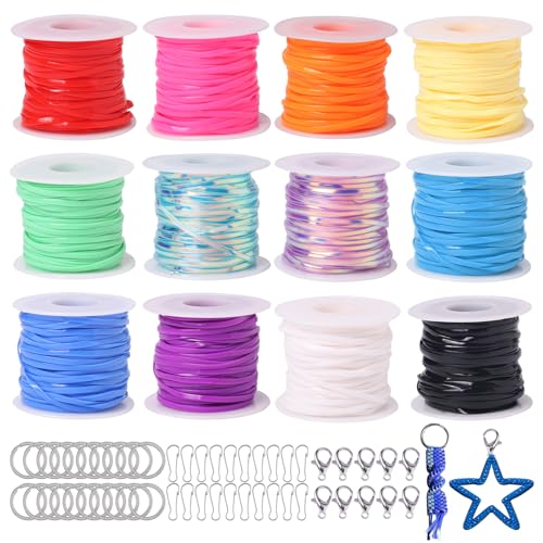 Candygirl Lanyard String, 12 Rolls Gimp String Plastic Lacing Cord Elastic String for Bracelet Keychains Boondoggle Making Kit DIY Craft Weaving Kit Candygirl