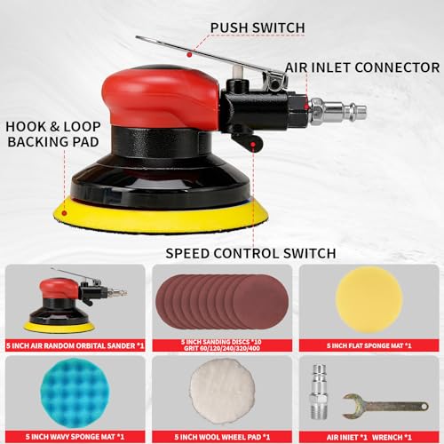5" Air Random Orbital Sander Pneumatic Palm Sander Da Sander With 10 Pcs Sandpapers 3Pcs Polishing Pads Buffing Pads Kit for Sanding, Finishing, NuoDunco