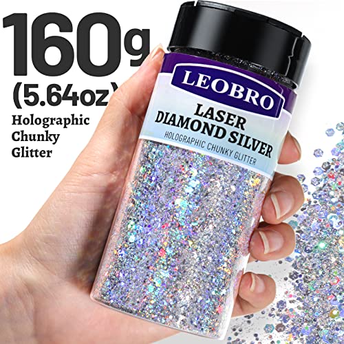 LEOBRO Glitter, Holographic Chunky Glitter, 160G/5.64OZ Silver Glitter, Craft Glitter for Resin, Metallic Iridescent Silver Chunky Glitter Sequins LEOBRO