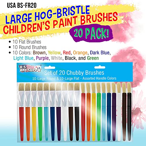 U.S. Art Supply 20-Piece Large Round and Flat Children's Hog Bristle Tempera Paint Brush Set - Fun Kid's Party, School, Student, Class Craft Painting U.S. Art Supply
