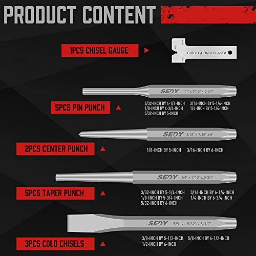 16-Piece Precision Punch & Chisel Set - Taper Punch, Pin Punch, Center Punch, Cold Chisels & Gauge for Versatile Applications SEDY