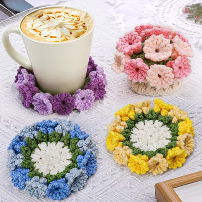 Crochet Kit for Beginners-4PCS Coaster Flower Pot Crochet Kits Coaster Crochet Starter Kit with Crochet Yarns ,Hooks, Easy Videos Tutorials to