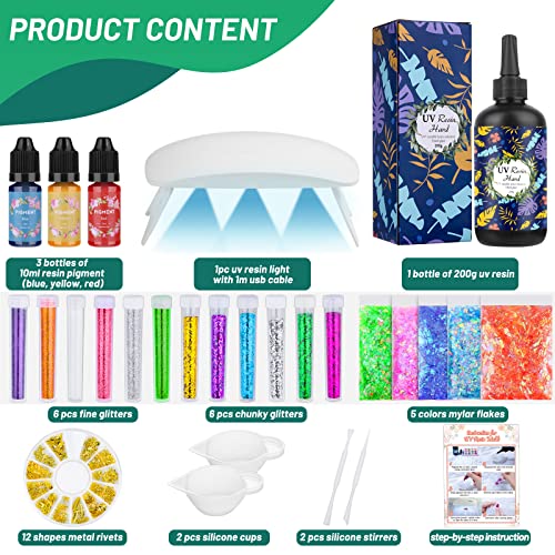 UV Resin Kit with Light, 200g Ultraviolet Fast Curing UV Epoxy Resin Set with UV Light Crystal Hard Type Resin Glue Jewelry Making Supplies Starter Cruzix