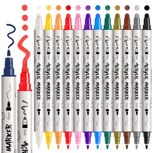 TRANSON 12 Color Dual-tip Acrylic Paint Pen Set for Canvas Rock Wood Leather Ceramic DIY Painting TRANSON