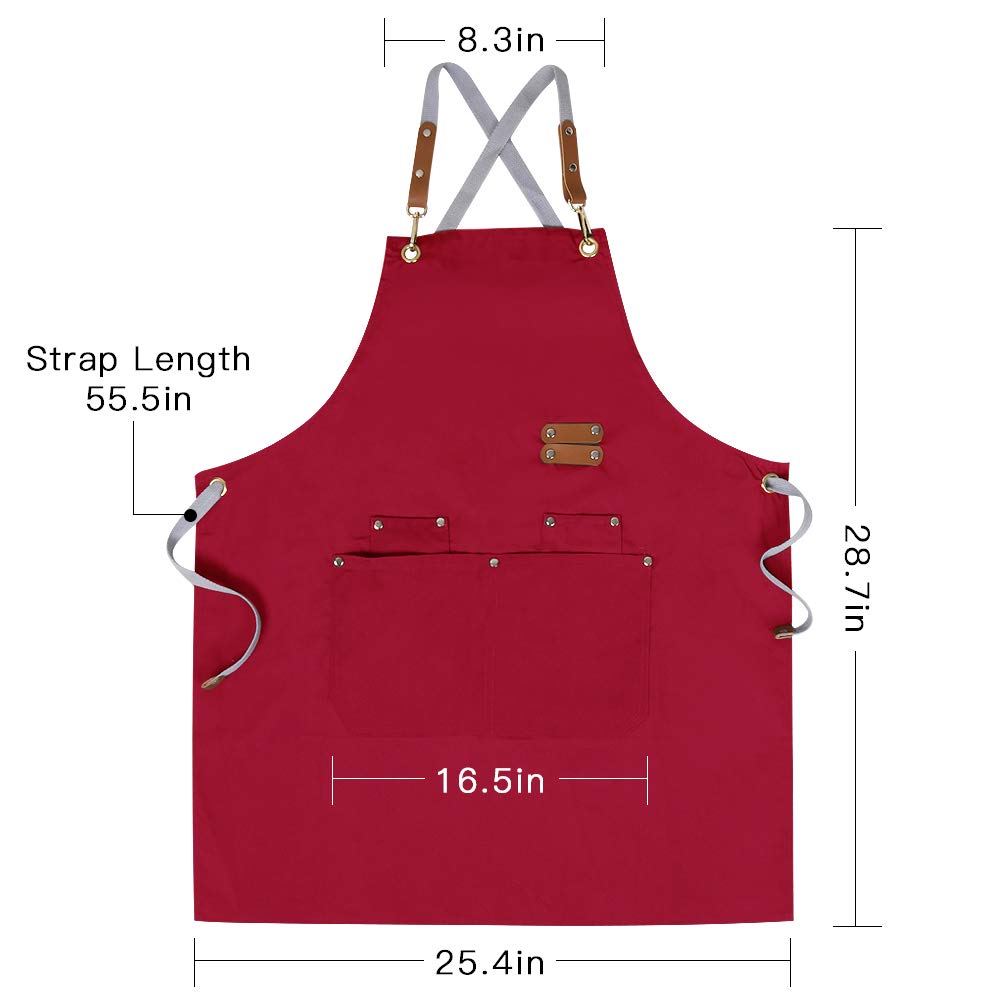 Chef Apron,Cross Back Apron for Men Women with Adjustable Straps and Large Pockets,Canvas,M-XXL (Red) Mignongirl