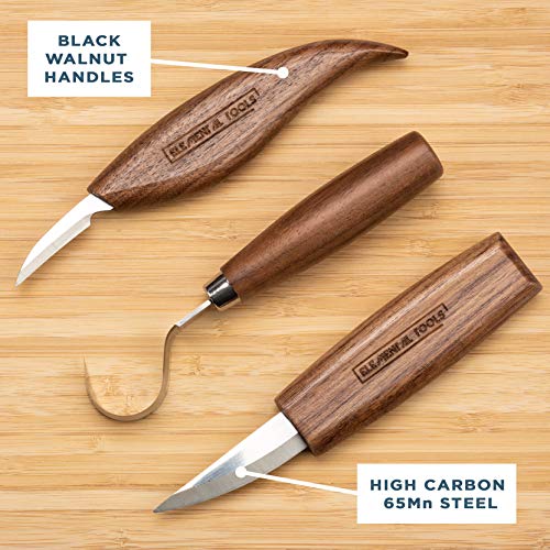 Elemental Tools 9pc Wood Carving Tools Set - Hook Carving Knife, Whittling Knife, Detail Wood Carving Knife For Spoon, Bowl, Kuksa Cup Or General Elemental Tools
