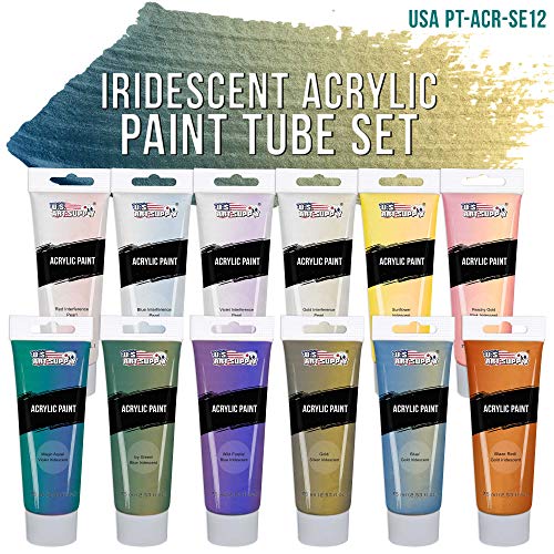 U.S. Art Supply Professional 12 Color Set of Iridescent Acrylic Paint, Large 75ml Tubes - Luminescent Special Effect Chameleon Color-Shifting Pearl U.S. Art Supply