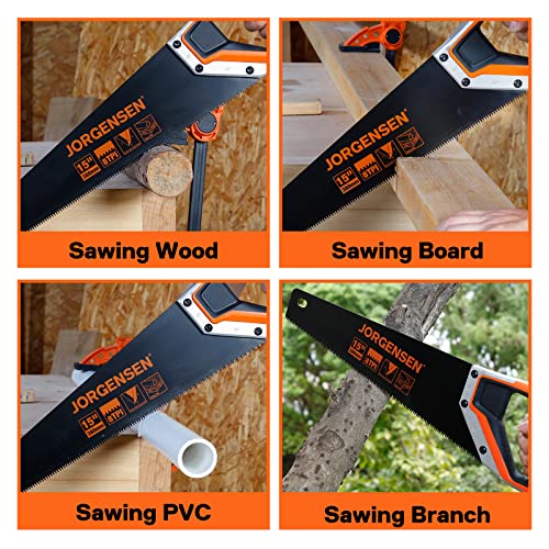 JORGENSEN 15” Hand Saw, Black Coated Coarse Handsaw 8TPI for Wood Cutting, Ergonomic Non-Slip Aluminum Handle for Sawing, Trimming, Gardening, Jorgensen