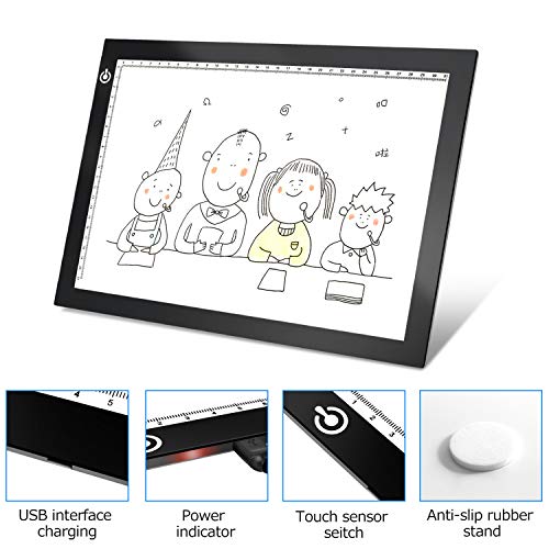 Black A4 Dimmable LED Artcraft Light Box Tracer Slim Light Pad Portable Tablet, USB Power Cable Copy Drawing Board Tracing Table for Artists LooEooDoo