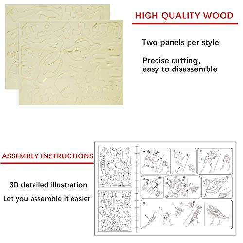 3D Wooden Dinosaur Puzzle - 6 Piece Set Wood Dinosaur Skeleton Model Puzzle - DIY Wooden Crafts 3D Puzzle - STEM Toys Gifts for Kids and Adults i-CHONY