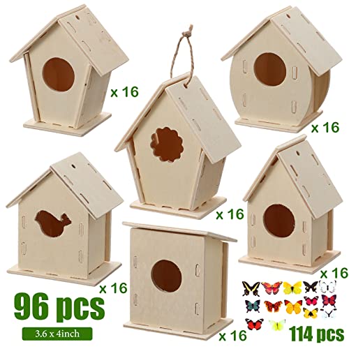 Kisston 96 Pcs Wooden Bird House Kits for Kids Christmas Crafts Bird House for Children to Build DIY Birdhouse in 6 Shapes and Stereoscopic Butterfly Kisston