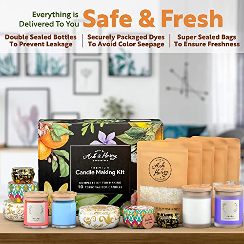 ASH & HARRY (US Based Company Premium Candle Making Kit - Complete DIY Starter Set - Pure Soy Wax, Designer 10 Tin & Glass Jars - 10 CPL Branded ASH & HARRY