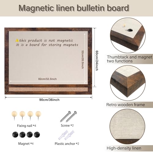 Marribol Large Magnetic Bulletin Board 36 x 24 Inch,Rustic Wood Framed Cork Board with Linen,Wall Mounted Notice Board with Pushpins for Home Office Marribol