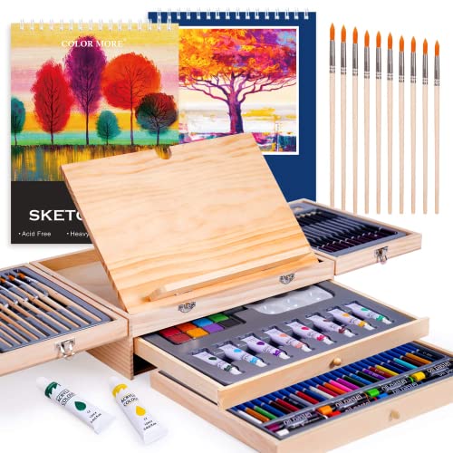 85 Piece Deluxe Wooden Art Supplies, Art Kit with Easel and Acrylic Pad, Art Set for Teens, Adults and Artist Beginners, Creative Gift Box with Color More
