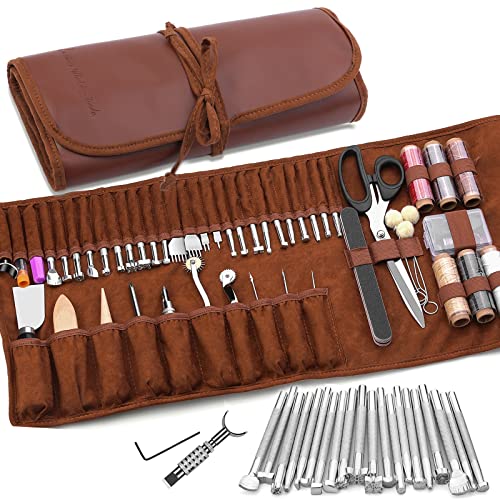 TLKKUE Leather Craft Tools Leather Working Tools Kit with Custom Storage Bag Leather Carving Tools Leather Craft Making for Cutting Punching Sewing TLKKUE
