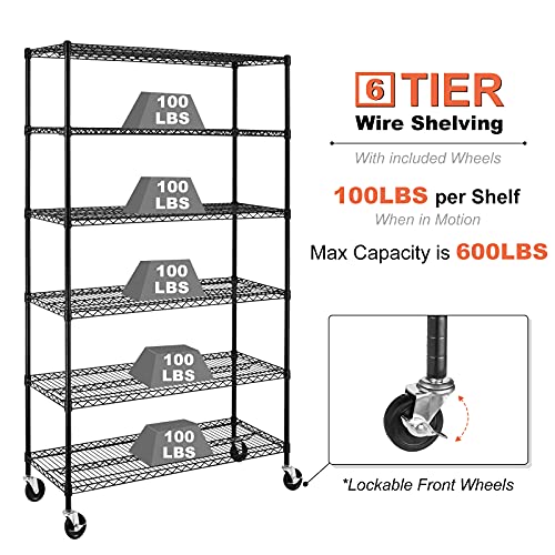 YYkokocat 6000Lbs Capacity Heavy Duty Storage Shelves Commercial Wire Shelving Unit and Storage Adjustable NSF 6 Tier Metal Rack Shelf on Wheels for YYkokocat