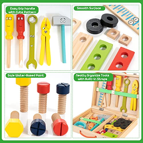 Bravmate Wooden Kids Tool Set - 37 Pcs Montessori Building Kit Toy with Tool Box, STEM Educational Toys for 2 3 4 5 6 Year Old Boys Girls Toddlers, Bravmate