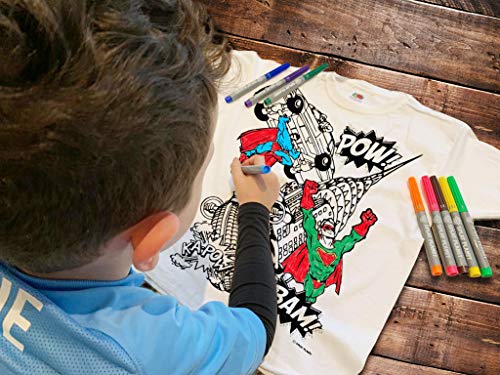 Splat Planet Color in Superhero T-Shirt with 10 Non-Toxic Washable Magic Markers - Color in and Wash Out T-Shirt (9-11 Years) White Splat Planet
