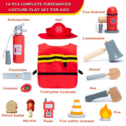 umu Firefighter Costume for Kids, 14 PCS Pretend Toy Wooden Fireman Role Play Firefighter Accessories with Fire Extinguisher and Hydrant, Fireman umu