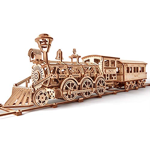 Wood Trick Wooden Toy Train Set with Railway - 34x7″ - Locomotive Train Toy Mechanical Model Kit - 3D Wooden Puzzles for Adults and Kids to Build - Wood Trick