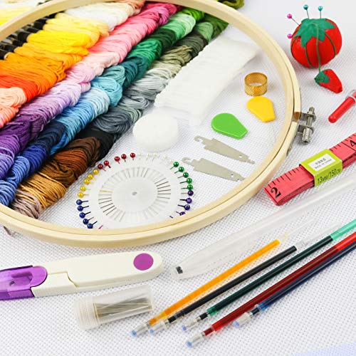 Similane Embroidery Kit 215 Pcs,100 Colors Threads,5 Pcs Embroidery Hoops,3 Pcs Aida Cloth,40 Sewing Pins,Cross Stitch Tools and Embroidery Starter Similane