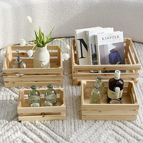 JUMBO HUMBLE Large Wooden Crates Unfinished Set of 4 Storage Crates, Decorative Wood Storage Crates for Display Rustic, Nesting Wood Container Boxes JUMBO HUMBLE