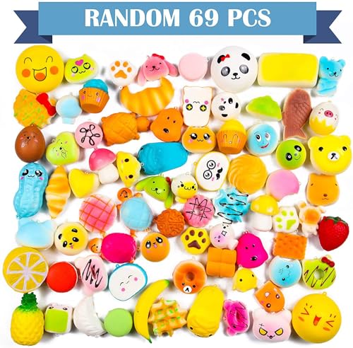 WATINC Random 70Pcs Squeeze Toys, Birthday Gifts for Kids Party Favors, Slow Rising Simulation Bread Squeeze Stress Relief Toys Goodie Bags Egg WATINC
