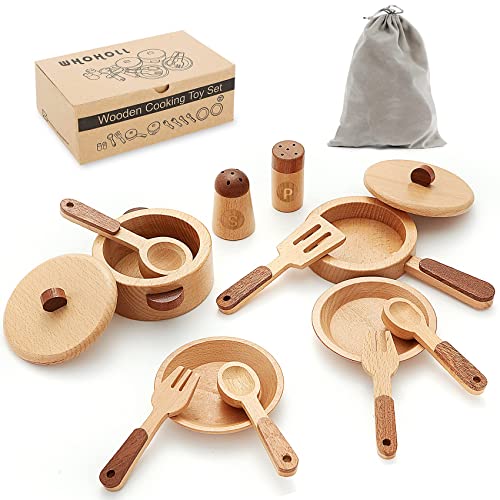 WHOHOLL Wooden Toys Play Kitchen Accessories, Montessori Toys for 1 2 3 4 5 + Years Old Toddlers, Toy Kitchen Play Dishes & Play Food Playset, WHOHOLL
