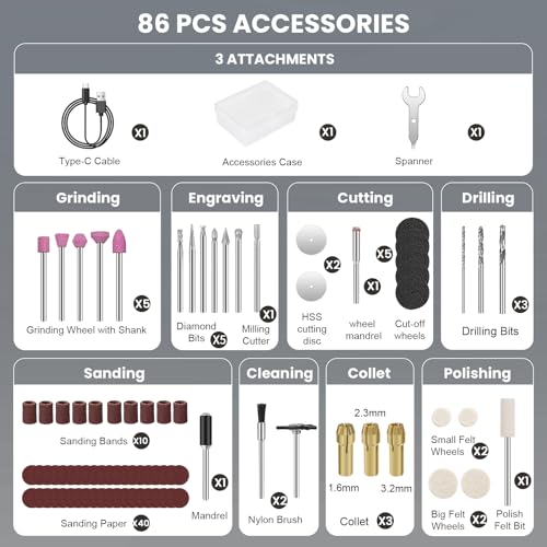 HARDELL Mini Cordless Rotary Tool 4V, 5-Speed Rotary Tool Kit with 86 Accessories, Power Rotary Tool for Cutting, Engraving, Sanding, Drilling, HARDELL